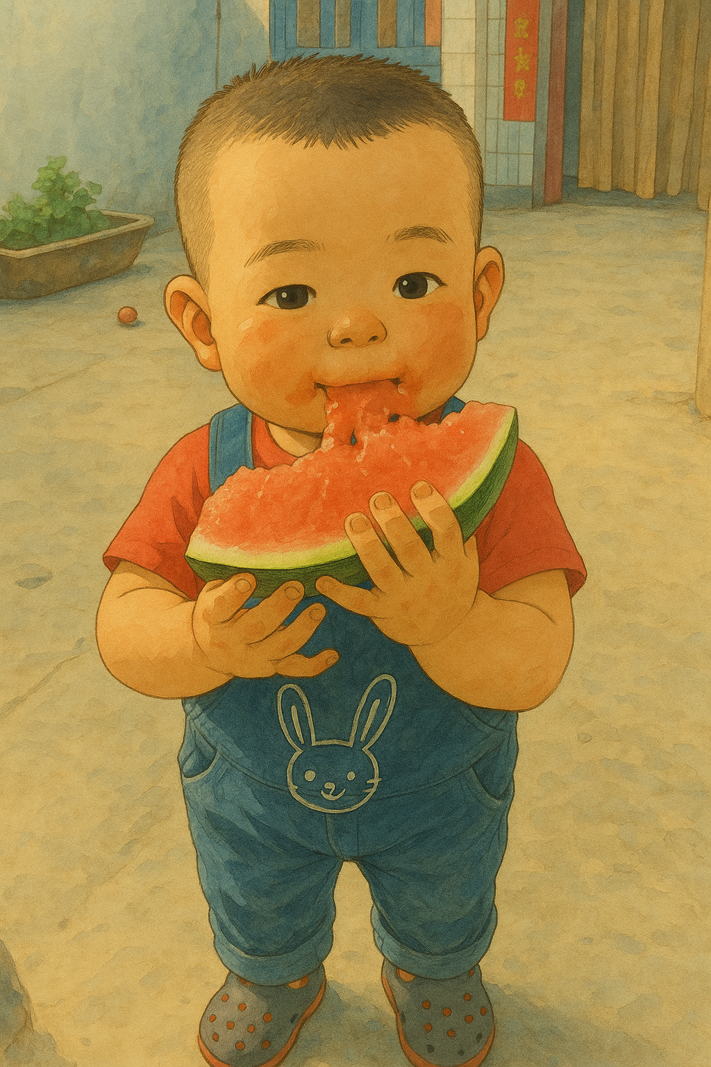 吃西瓜的小孩